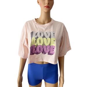 Abound 70s Style Love Spell Out Pink Short Sleeve Crop Top Tshirt Large